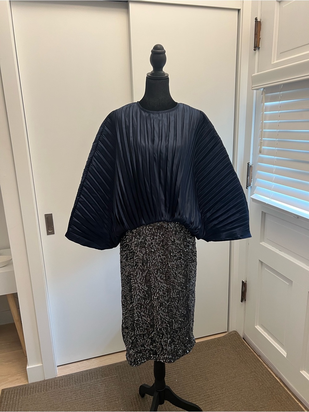 Pleated Navy Batwing Women's Blouse